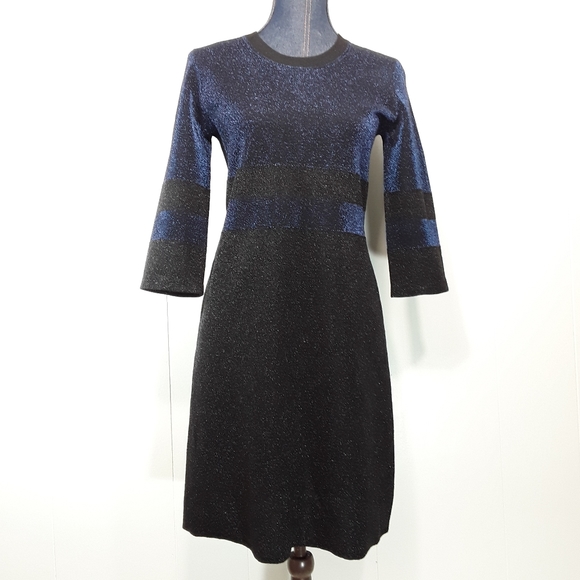 Tory Burch metallic blue / black shimmer striped wool Sheath dress size small - Picture 12 of 14